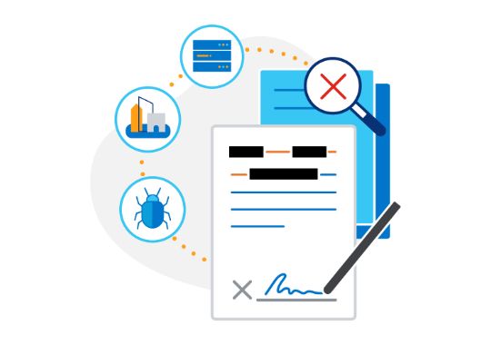 Illustration of contract with pen signing and documents behind surrounded by security, offices and data center icons.