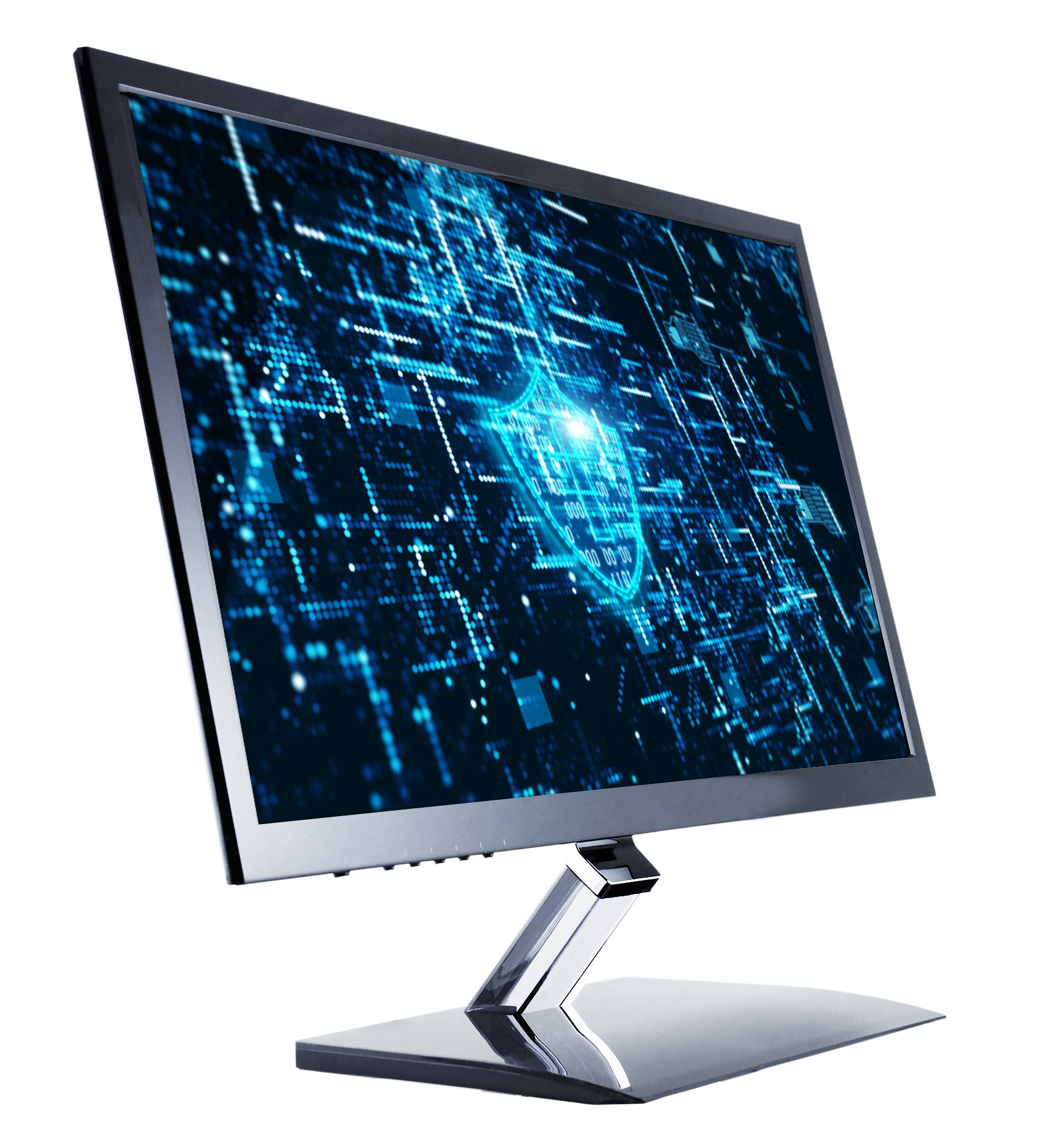 Close up of a computer monitor with lines of data forming a shield