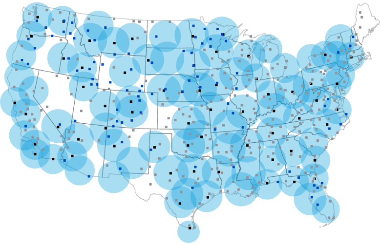 Illustration of the united states map with squares representing location and blue circles for coverage radius