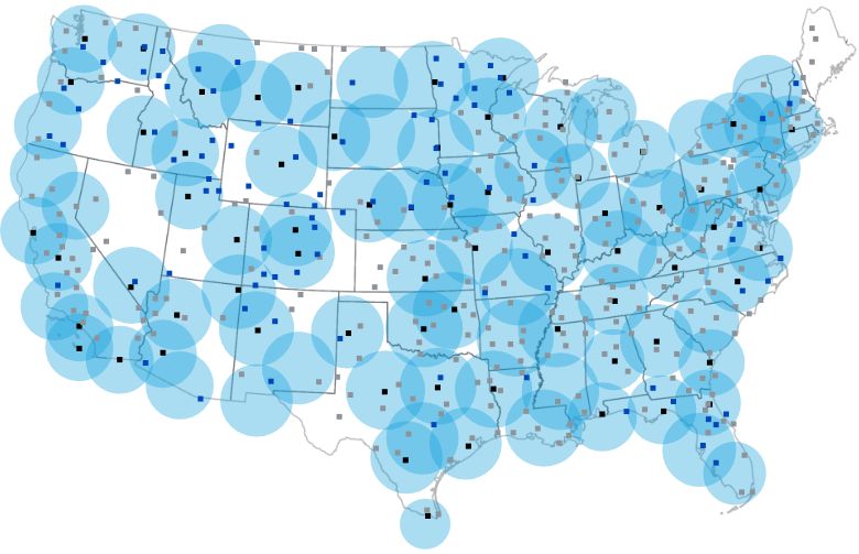 Illustration of the united states map with squares representing location and blue circles for coverage radius