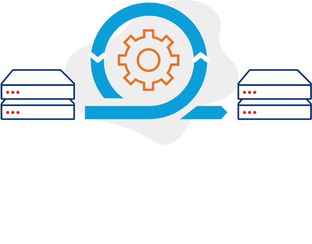 Illustration of a gear in the center of two server stacks