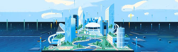 Vista da cidade futurística mostrando os dados sendo gerados por pessoas e edifícios