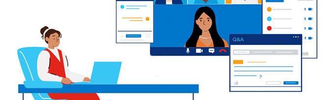 Illustration of female employee at desk participating in a video conference call