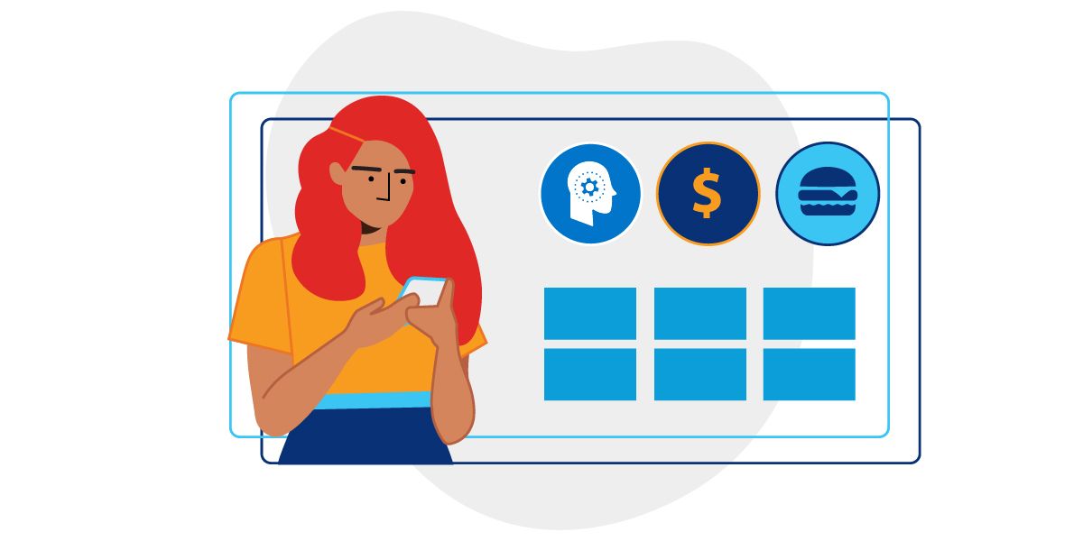 Illustration representing a woman reviewing phone menu app next to icons of a thinking head, money sign, and small sandwich. 