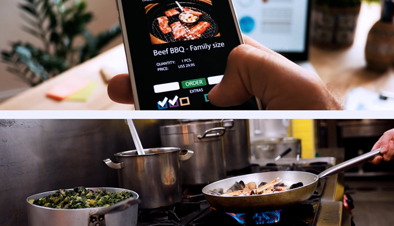 Split screen image of smart phone with menu and a person’s thumb pressing the order button on top and restaurant stove full of food cooking on bottom.