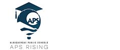 Graphic emblem featuring a graduation cap above a circular APS icon is shown on a white background. Below the icon, the text reads "Albuquerque Public Schools" and "APS Rising" in capital letters. The design uses a simple, dark teal color scheme with clean, modern typography. The overall visual suggests education, achievement, and upward progress.