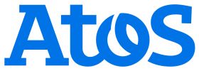 Atos logo featuring the company name in bold blue lettering, with the “o” formed by an abstract ribbon-like loop.