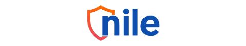Nile logo featuring bold lowercase blue lettering with an orange-outlined shield icon partially overlapping the letter “N” in the background.