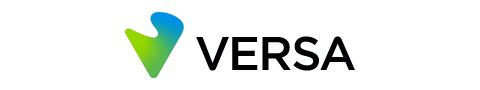 Versa logo featuring a blue and green gradient stylized inverted triangle icon and a wordmark in black lowercase lettering.