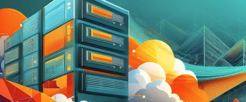 Blue, orange and white illustration of a server stack amongst clouds.