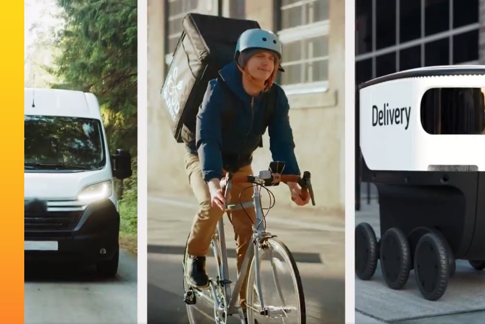 Three stills of a delivery van, delivery bike rider and delivery bot