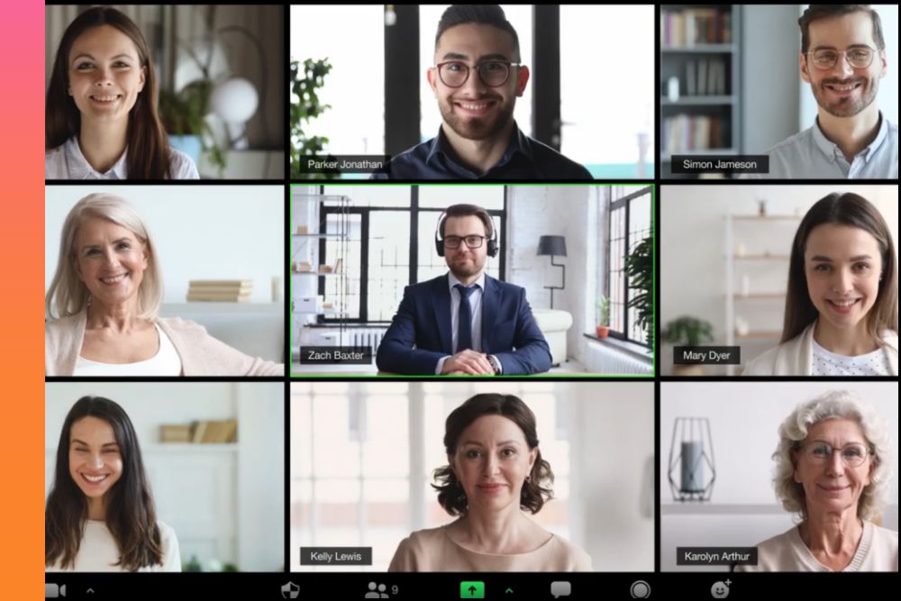 Nine people sitting on a video conference call on a laptop screen