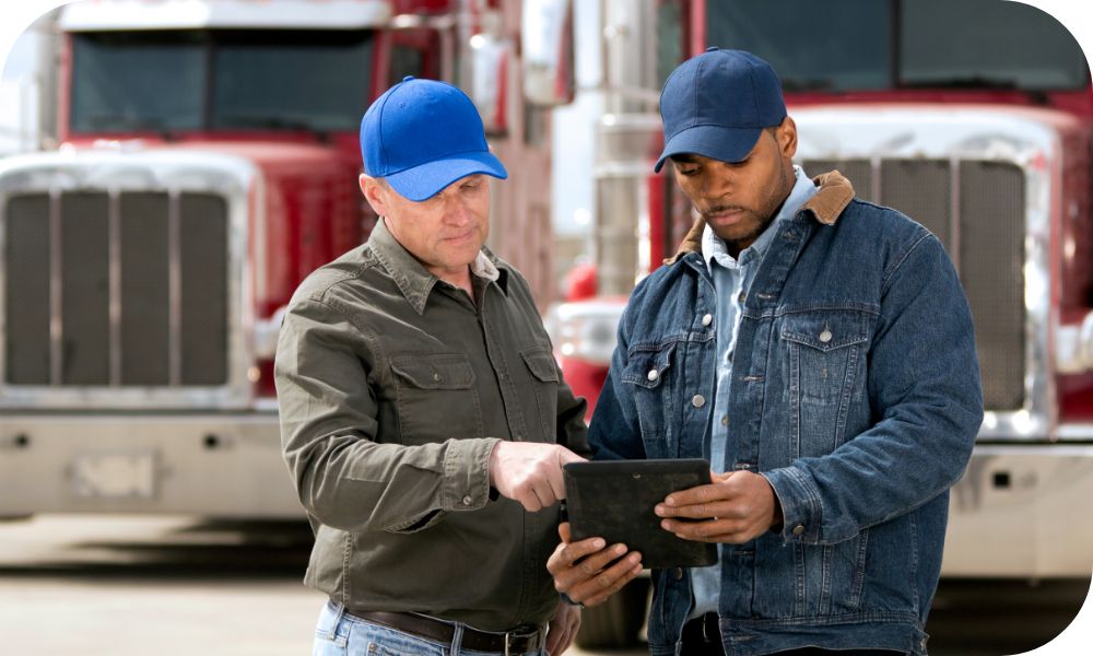 Two men in hats standing in front of trucks while looking at a tablet