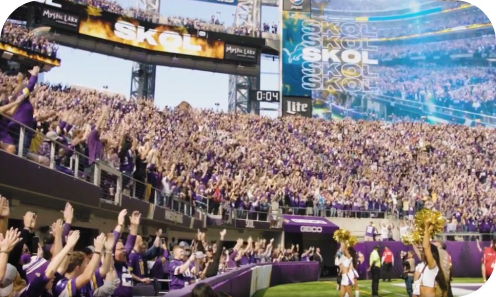 Vikings fans cheer in the stands of the stadium with screens in the background that say the word skol