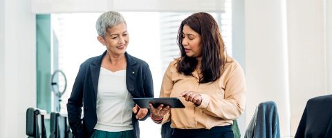 Two business colleagues reviewing information on a computer tablet in brightly lit office room.