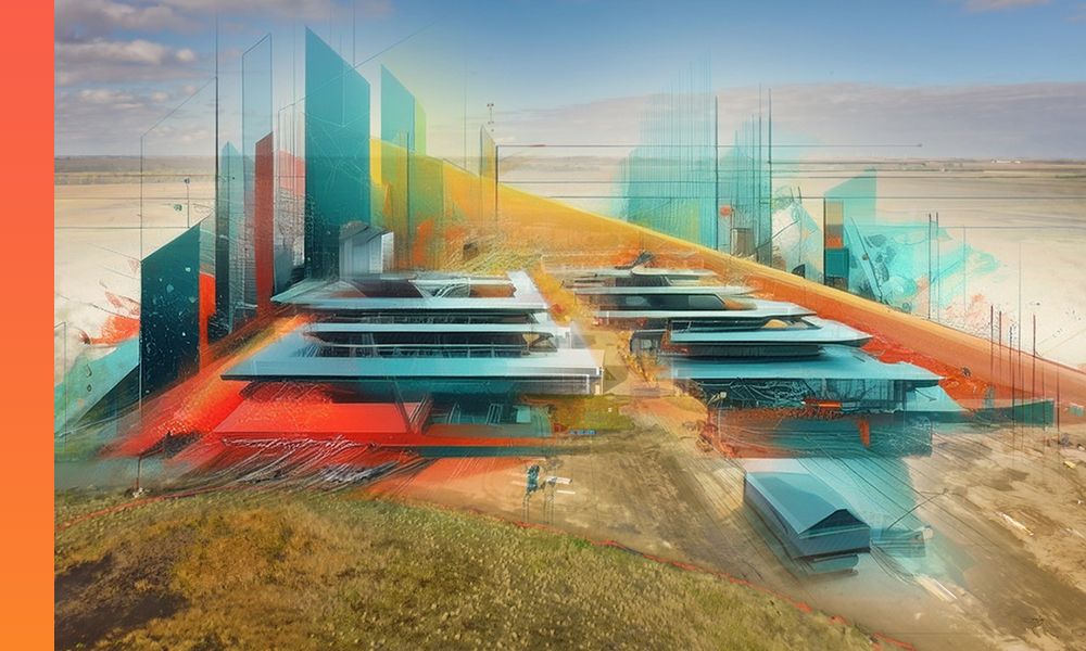 An abstract, stylized illustration of a large data center campus set within a wide landscape