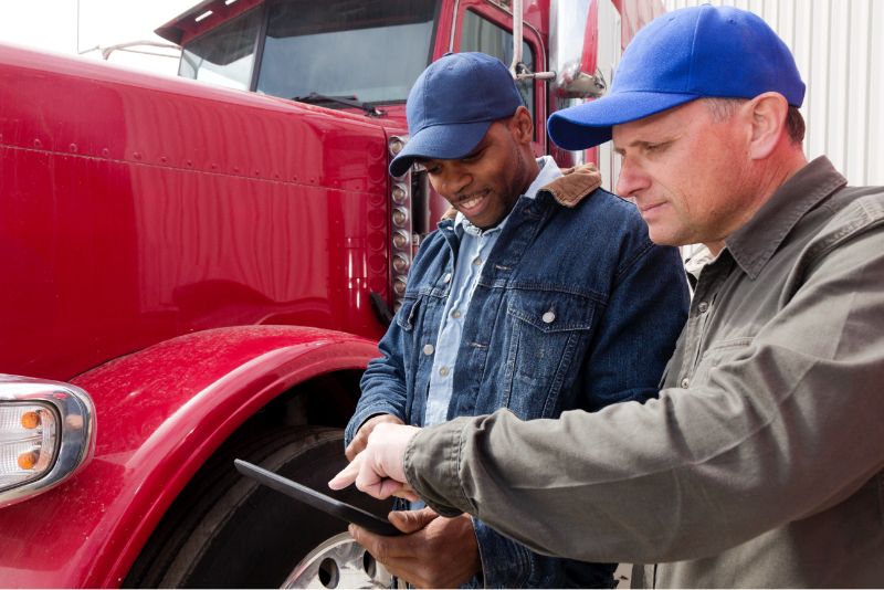 Truck drivers looking at a tablet with trucks in the background