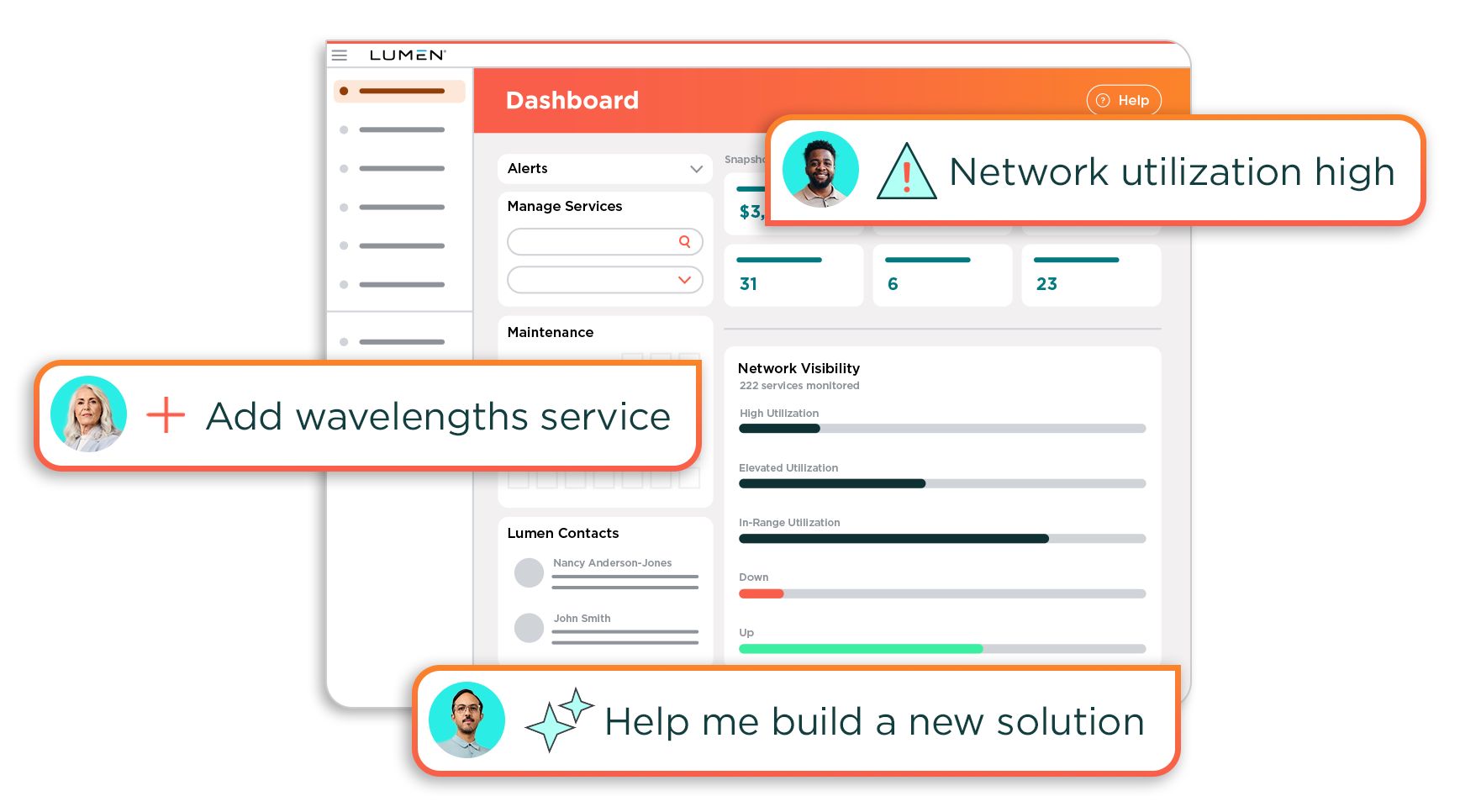 Preview of an orange and white dashboard page in a management portal with alerts and options to add services.