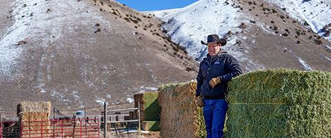 Person standing outdoors near a fence in a mountainous area, wearing a jacket and hat, with snow covered peaks and rocky terrain visible in the background under a clear sky.