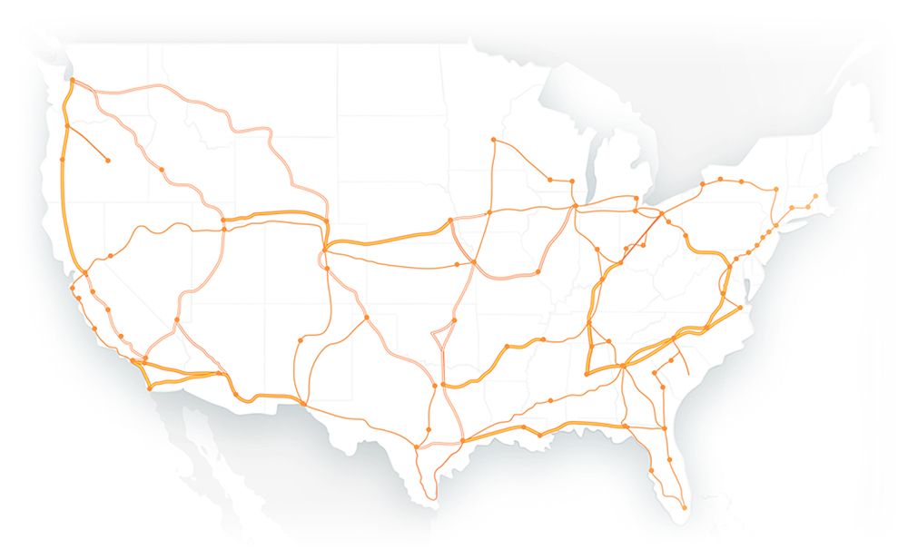Map of network routes displayed on map of United States.