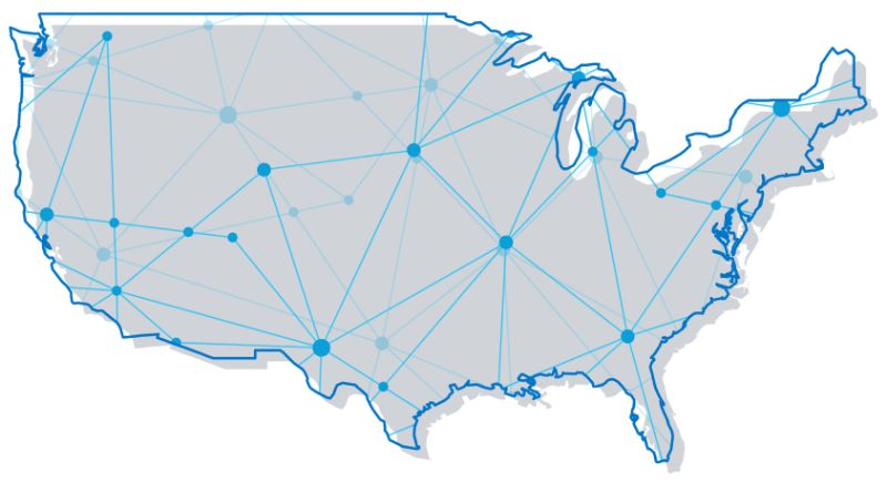 Map of the United States with geolocation points 