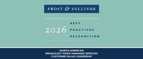 A pale teal background with a blue box at the top with the words “Frost & Sullivan” in white, uppercase serif text above the year 2026 in white italic text, on the left of the words “Best Practices Recognition” in blue, all above a blue bar that says “North American Broadcast Video Managed Services Customer Value Leadership” in white all-caps sans serif text.