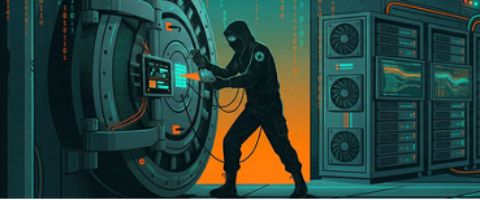 Illustration of a person opening a large circular vault door inside a futuristic data center, with glowing server racks, network equipment and blue-green lighting throughout the scene.