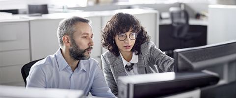 Two professional people collaborating in an office looking at a desktop screen 
