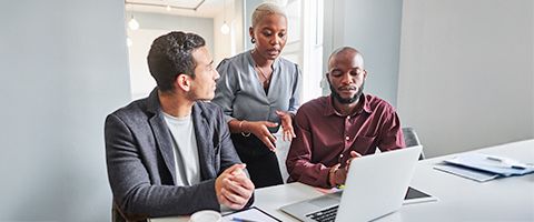 A professional woman talks to two professional men who are sitting in front of an open laptop in an office