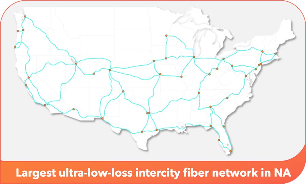 Map of U.S. showing Lumen optical network cities route connections, with text beneath reading: “Largest ultra-low-loss intercity fiber network in NA."