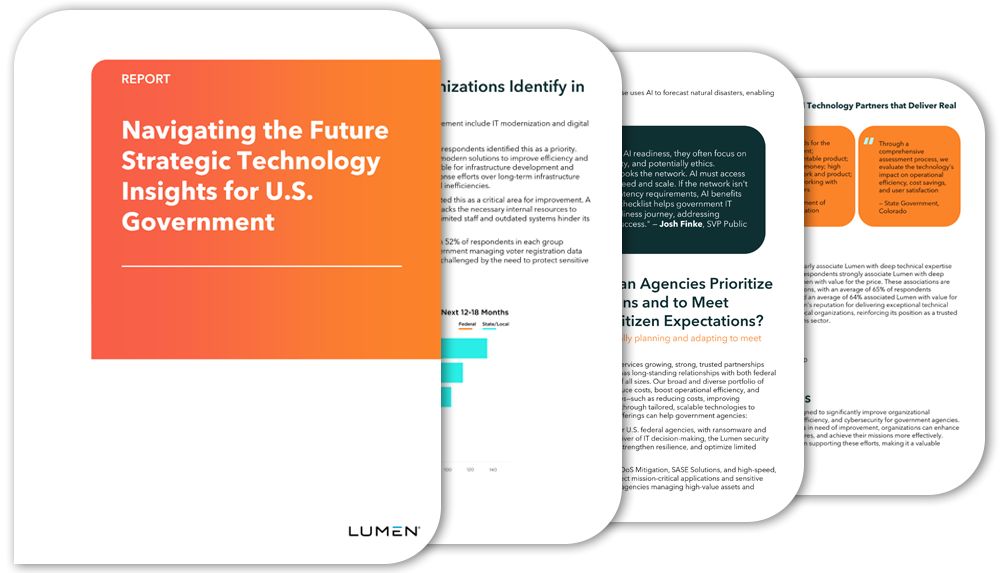 Four pages of the report “Navigating the future” laid out slightly overlapping from left to right.