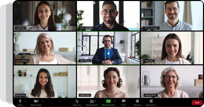 Nine people on screen in a Zoom meeting