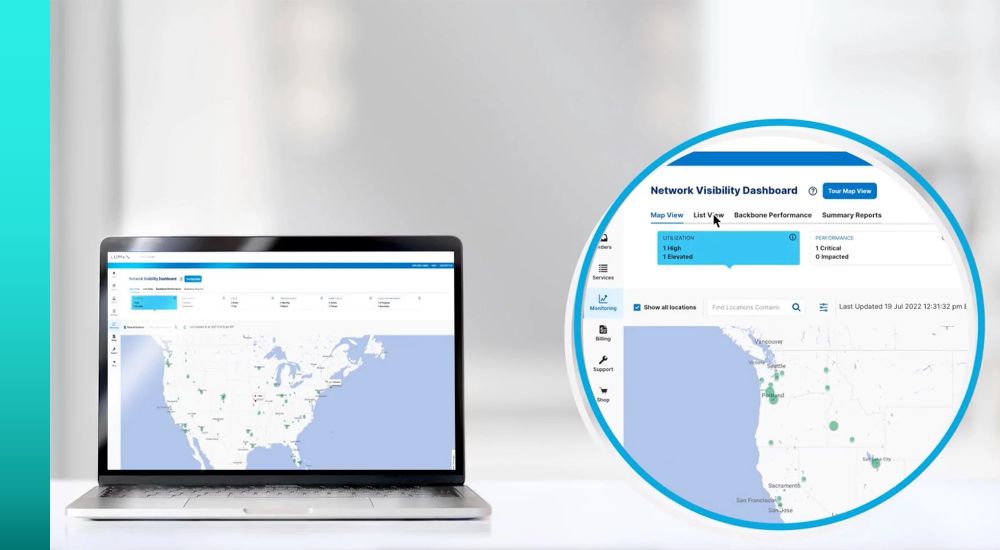 Laptop open to a Lumen network map graphic next to a close up circle with text stating "network visibility dashboard"