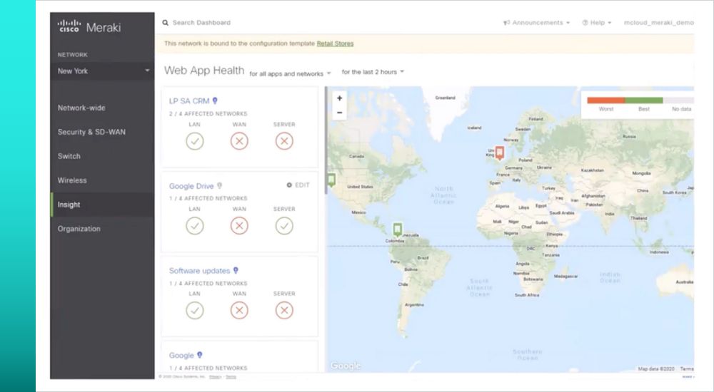 Close up of a screen open to a Cisco Meraki platform open to a map graphic