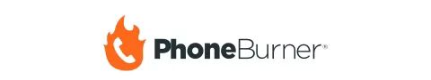 PhoneBurner logo featuring an orange flame icon with a white phone handset inside, positioned to the left of the word “PhoneBurner” in dark gray and black text.