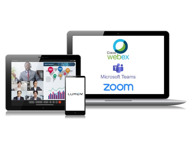 Pantalla de teléfono, pantalla de tableta y pantalla de monitor que muestran el logotipo de Zoom, Cisco, Microsoft, Lumen o imágenes de asistentes a una reunión. 