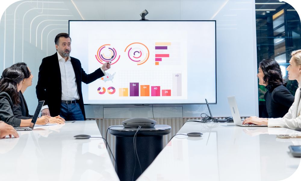 Manager reviewing data analytics circle and bar charts projected on conference room screen as others look on. 