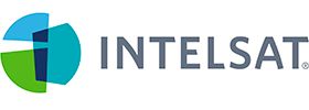 Intelsat blue, green and grey text logo with stylized lower-case I resembling graphic of satellite 