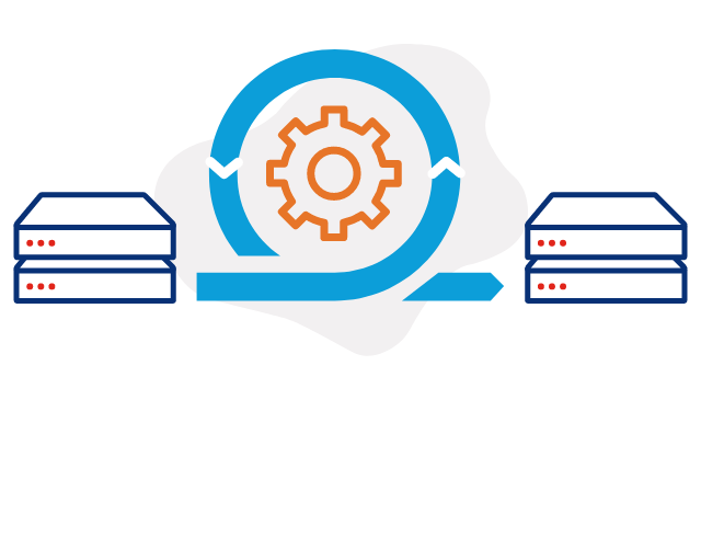 Illustration of a gear in the centre of two server stacks