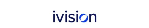 ivision logo featuring dark blue lowercase lettering with a stylized blue circular swoosh integrated into the letter “o.”