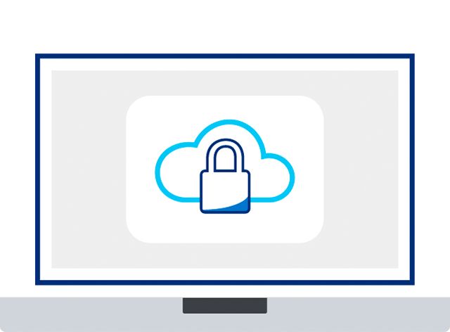 Illustration of a computer monitor with a lock and cloud icon in the middle