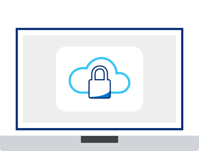 Illustration of a computer monitor with a lock and cloud icon in the middle