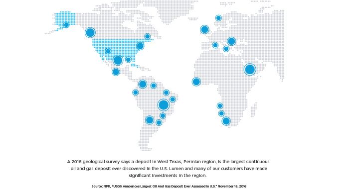 Mapas grises con puntos azules y colores que representan los depósitos de petróleo y gas más grandes 