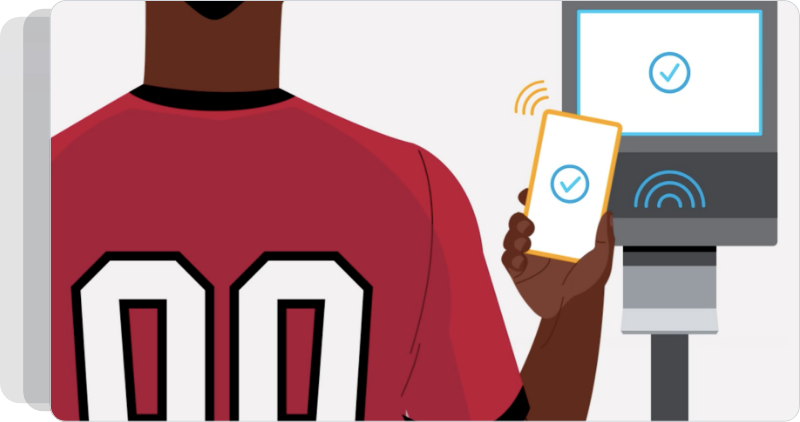Illustrated person in a red football jersey holding a smartphone next to a smart device.