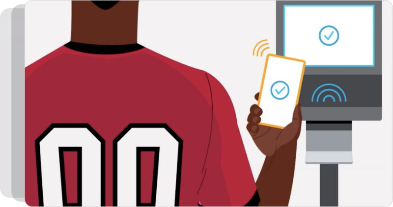 Illustrated person in a red football jersey holding a smartphone next to a smart device.