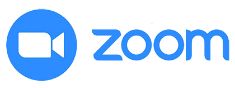Zoom logo of white video camera icon in blue circle with Zoom in blue on white background.