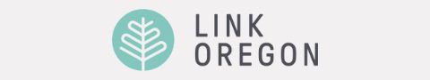 LINK OREGON logo with green solid circle on the left and a white life design inside.