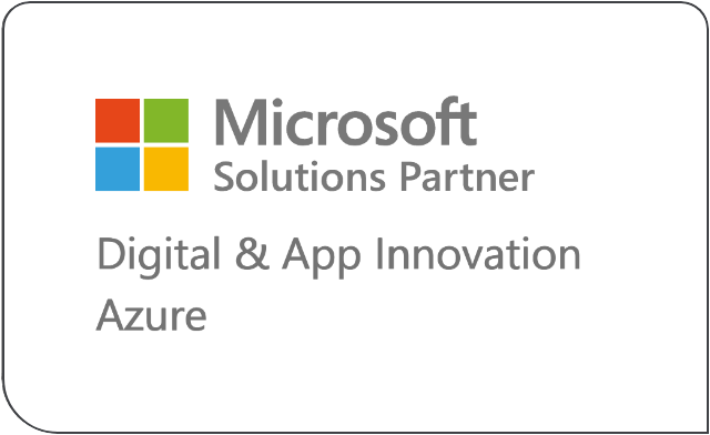 Brand logo for Microsoft Solutions Partners in dark grey lettering above text stating "Digital & App Innovation "