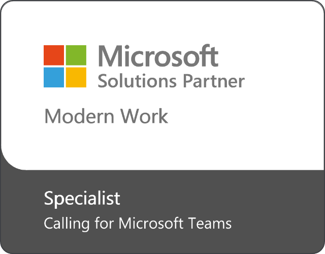 Brand logo for Microsoft Solutions Partners in dark grey lettering above text stating " Modern Work"