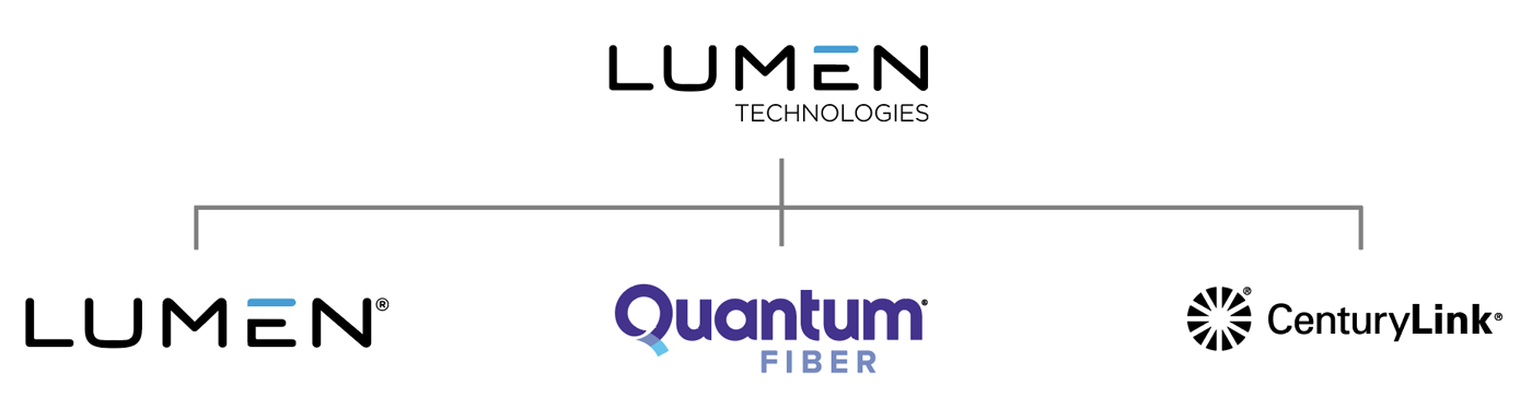 Lumen Technologies, Lumen, Quantum Fiber and CenturyLink logos
